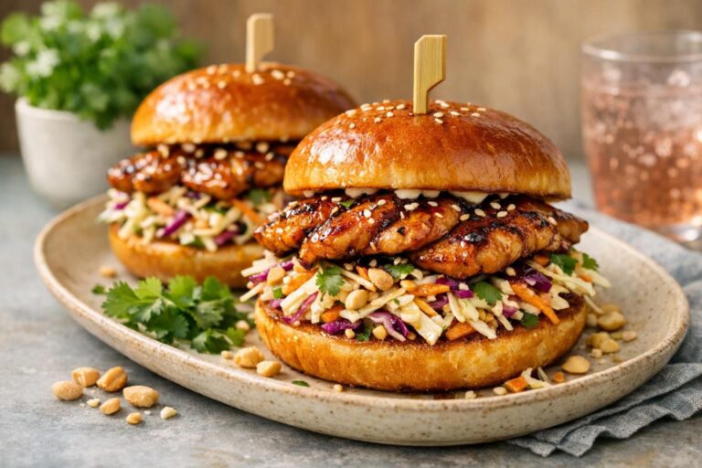 Asiatisk inspireret kyllingeburger med glaseret kylling, sprød coleslaw, koriander og peanuts i ristet bolle