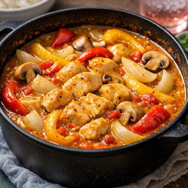 Asiatisk karrygryde med møre kyllingestykker, peberfrugt, løg og champignon i cremet kokos-tomat-karrysauce, let pyntet med chili