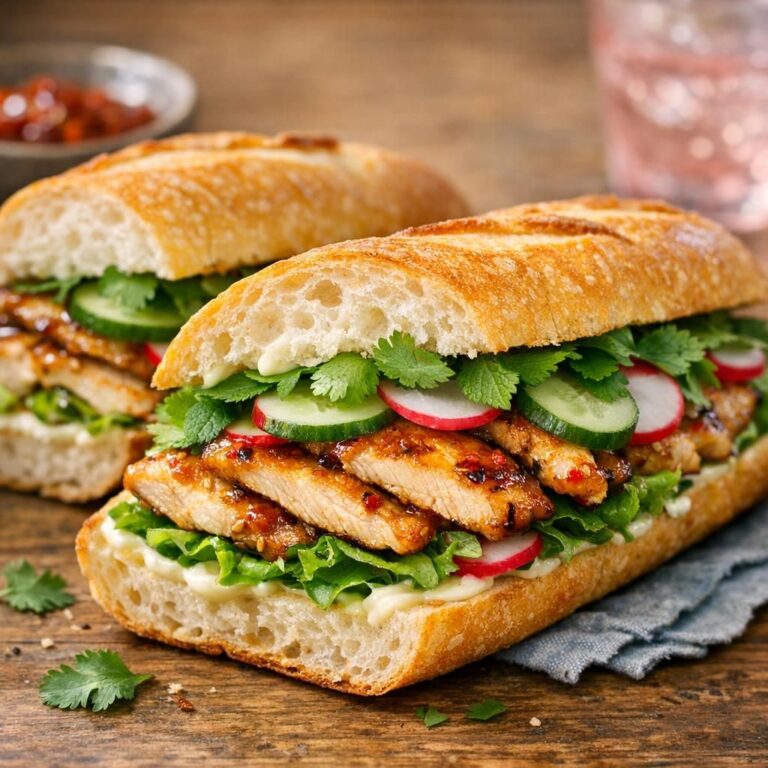 Asiatisk kyllingsandwich i lun baguette med teriyaki-marineret kylling, mayo, sprød salat, agurk, radiser, friske urter og et strejf chili