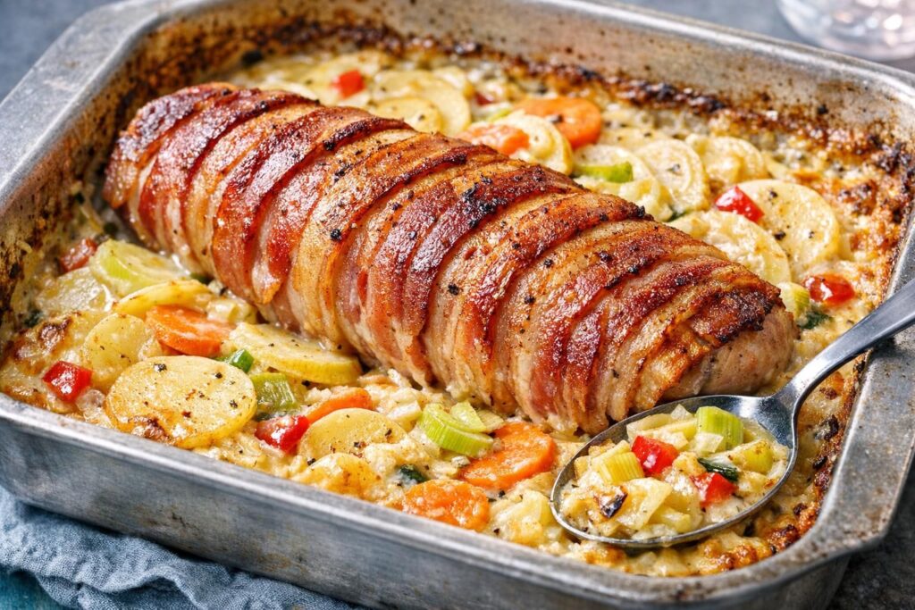 Baconmørbrad med flødegrøntsager i fad