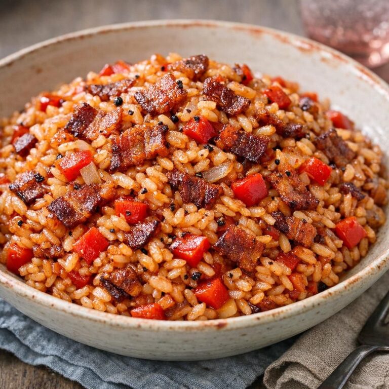 Baconrisotto med sprød bacon, tomatpuré og rød peberfrugt