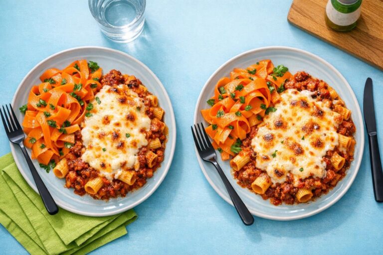 Bagt pasta bolognese i fad med gylden ostetopping og cremet bechamel, serveret med sprød rå gulerodssalat med persille