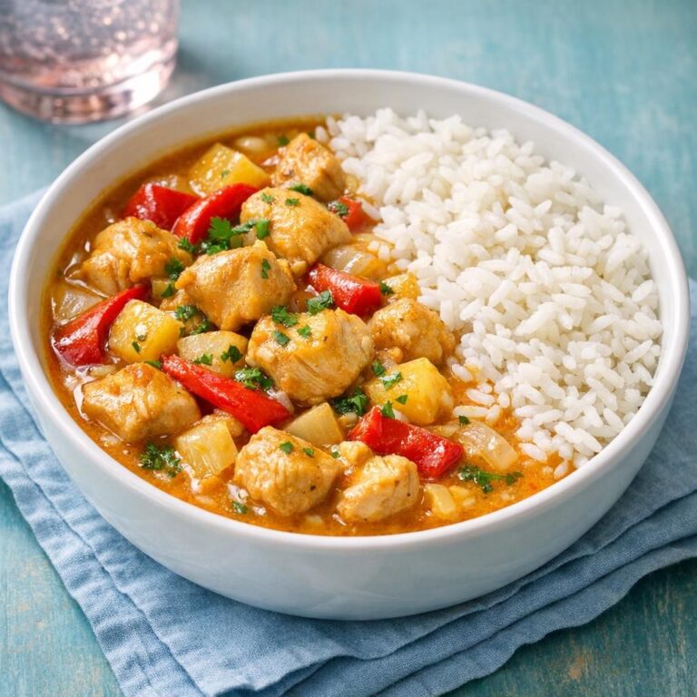 { "alt_text": "Baligryde med kylling, rød peber, ananas og løg i blank gul karrysauce, serveret i hvid rund skål med en tredjedel hvide, løse ris; skråt overhead på lys baggrund.", "file_name": "baligryde-med-ris-4723" }