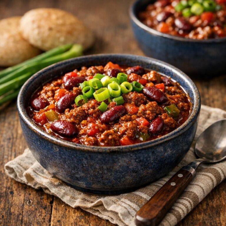 Mørkerød chiligryde inspireret af Barack Obama med oksekød, kidneybønner, tomat, løg og grøn peber i tyk sauce