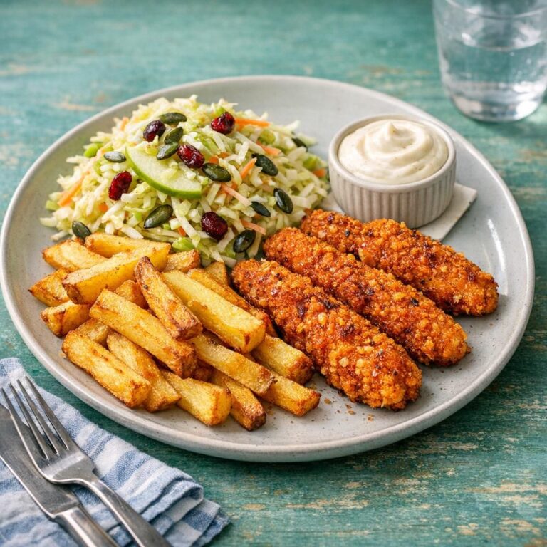 { "alt_text": "BBQ-paneret kylling med ovnfritter, kålsalat og hvidløgscreme på hvid tallerken", "file_name": "bbq-paneret-kylling-med-ovnfritter-kalsalat-og-hvidlogscreme-4827" }