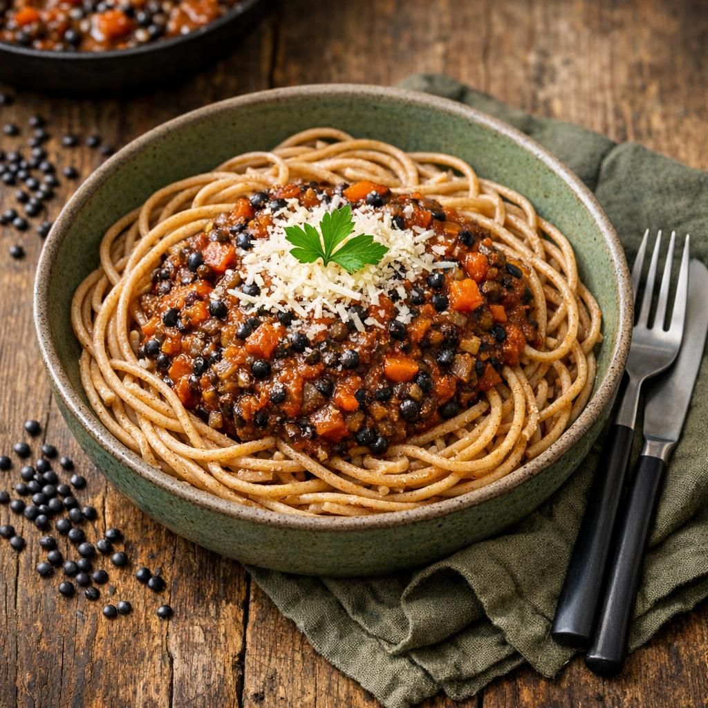 Beluga-bolognese med fuldkornsspaghetti og friskrevet ost