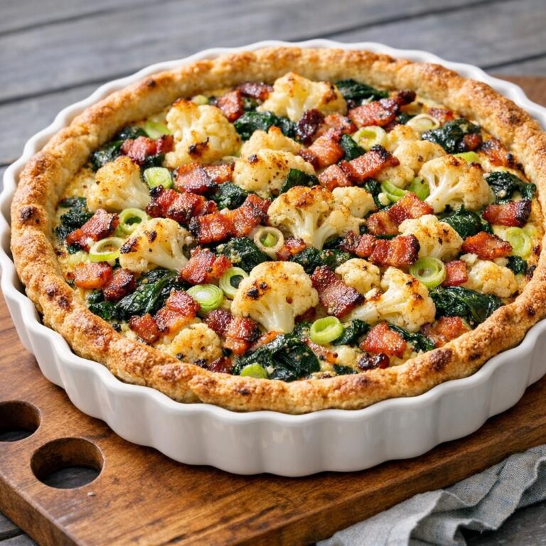 { "alt_text": "Blomkålstærte med spinat og sprød bacon i rund keramikform, set skråt oppefra med gylden, let brunet overflade", "file_name": "blomkalstaerte-med-spinat-og-bacon-4729" }