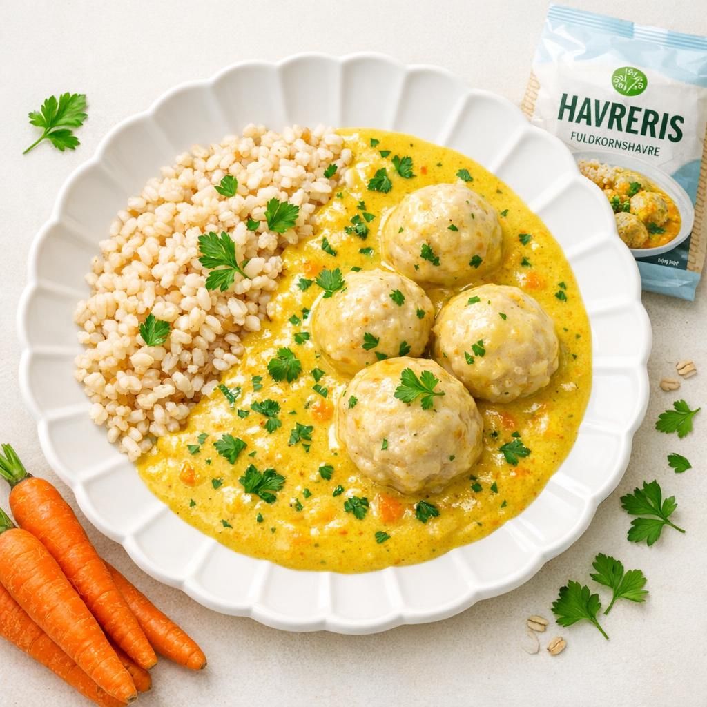 Boller i karry med grøntsagssauce og havreris