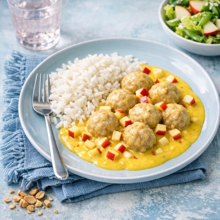 Boller i karry med løse ris og sprød æble-romainesalat