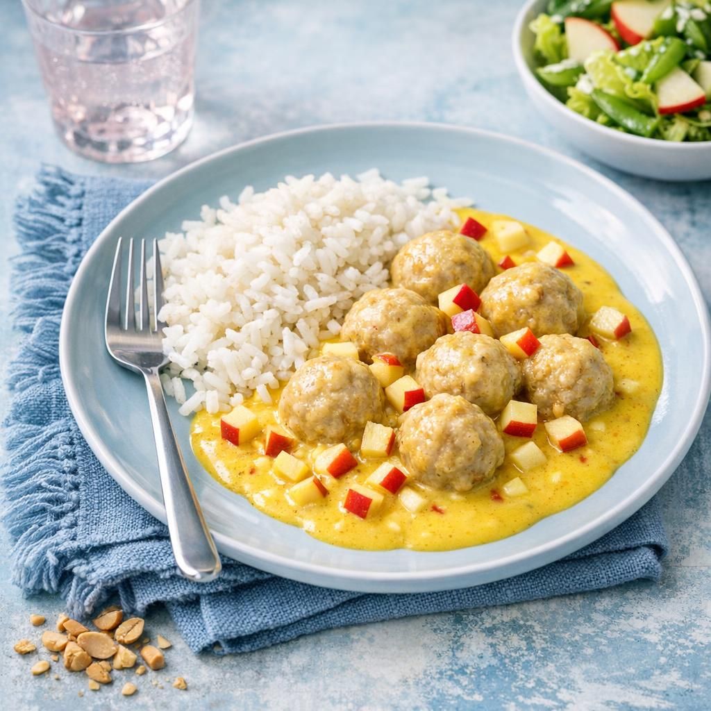 Boller i karry med løse ris og sprød æble-romainesalat