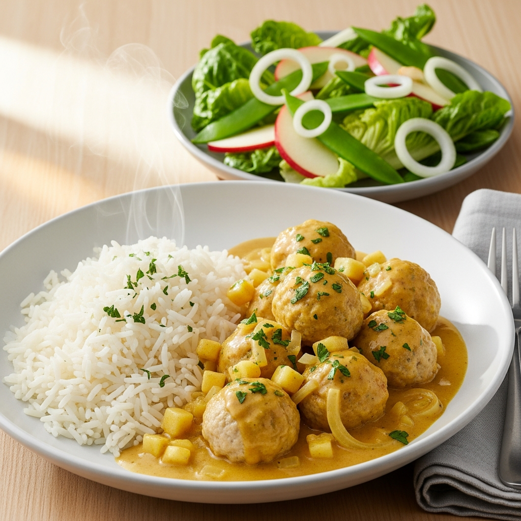 { "alt_text": "Kødboller i cremet, gyldengul karrysauce med æbletern, serveret med løse ris og sprød æble-romainesalat", "file_name": "boller-i-karry-med-lose-ris-og-sprod-aeble-romainesalat-4827" }