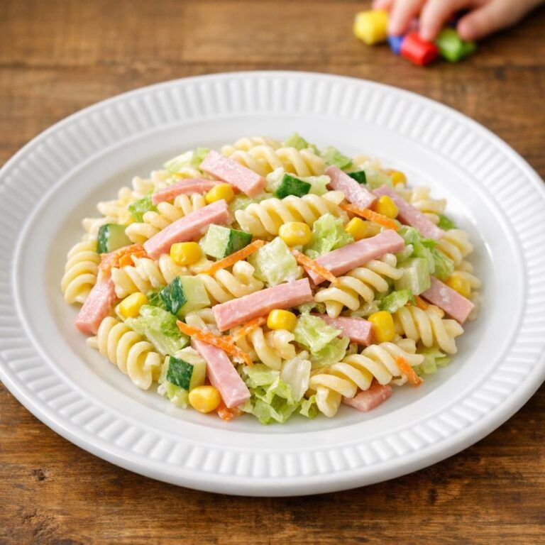 { "alt_text": "Børnevenlig pastasalat med skruer, skinke, agurk, gulerod, majs og salat i hvid skål med cremet dressing", "file_name": "bornevenlig-pastasalat-med-skinke-4837" }