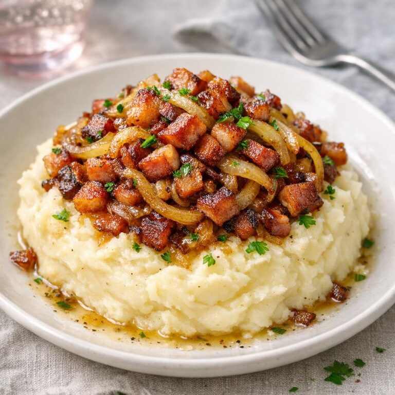 Klassisk dansk brændende kærlighed: cremet kartoffelmos med sprød bacon, brunede løg og frisk persille