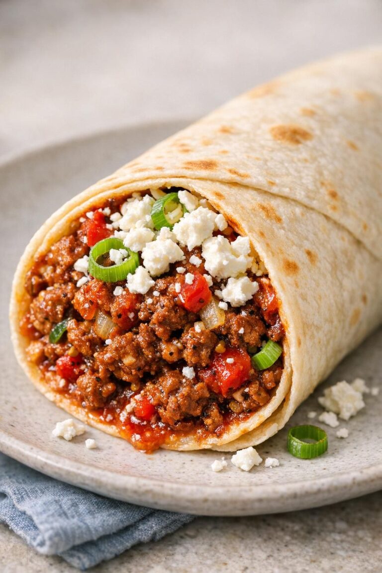 Burritos med krydret oksekød, tomatsauce, feta og forårsløg i bløde tortillas