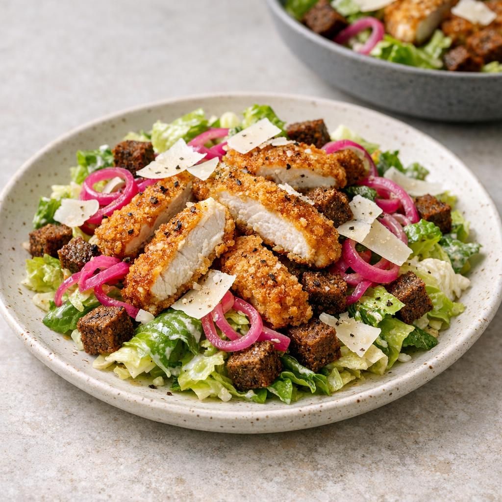 Cæsarsalat med sprød kylling og rugbrødscroutoner