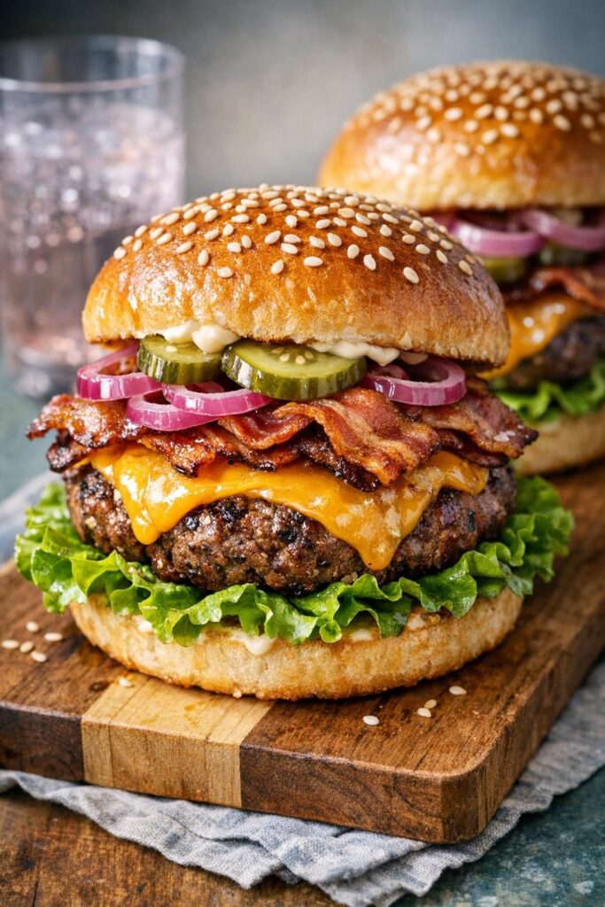 Hjemmelavet cheeseburger med bløde boller og bacon