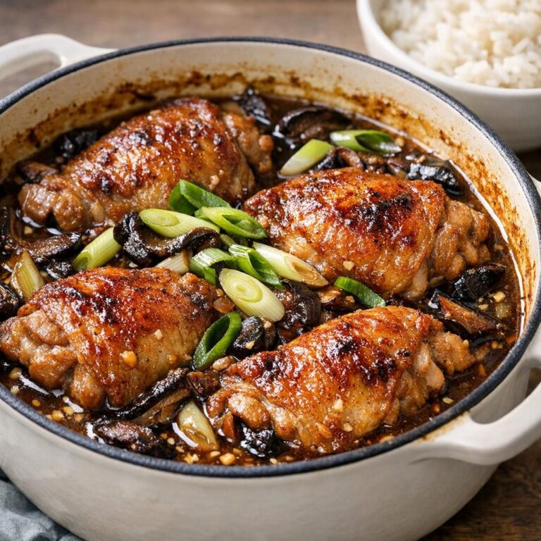 Chicken hot pot med møre kyllingeoverlår i blank ingefær-sojasauce med tørrede svampe og forårsløg, serveret med ris