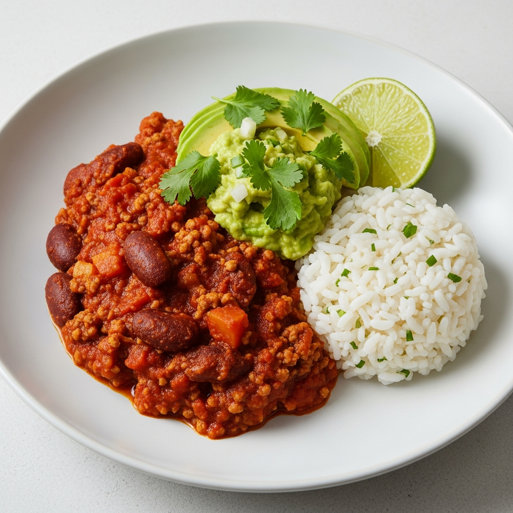 { "alt_text": "Chili con carne med krydrede ris og cremet avocado-topping på hvid tallerken med limebåd, fotograferet i varmt sidelys", "file_name": "chili-con-carne-med-krydrede-ris-og-frisk-avocado-topping-6382" }