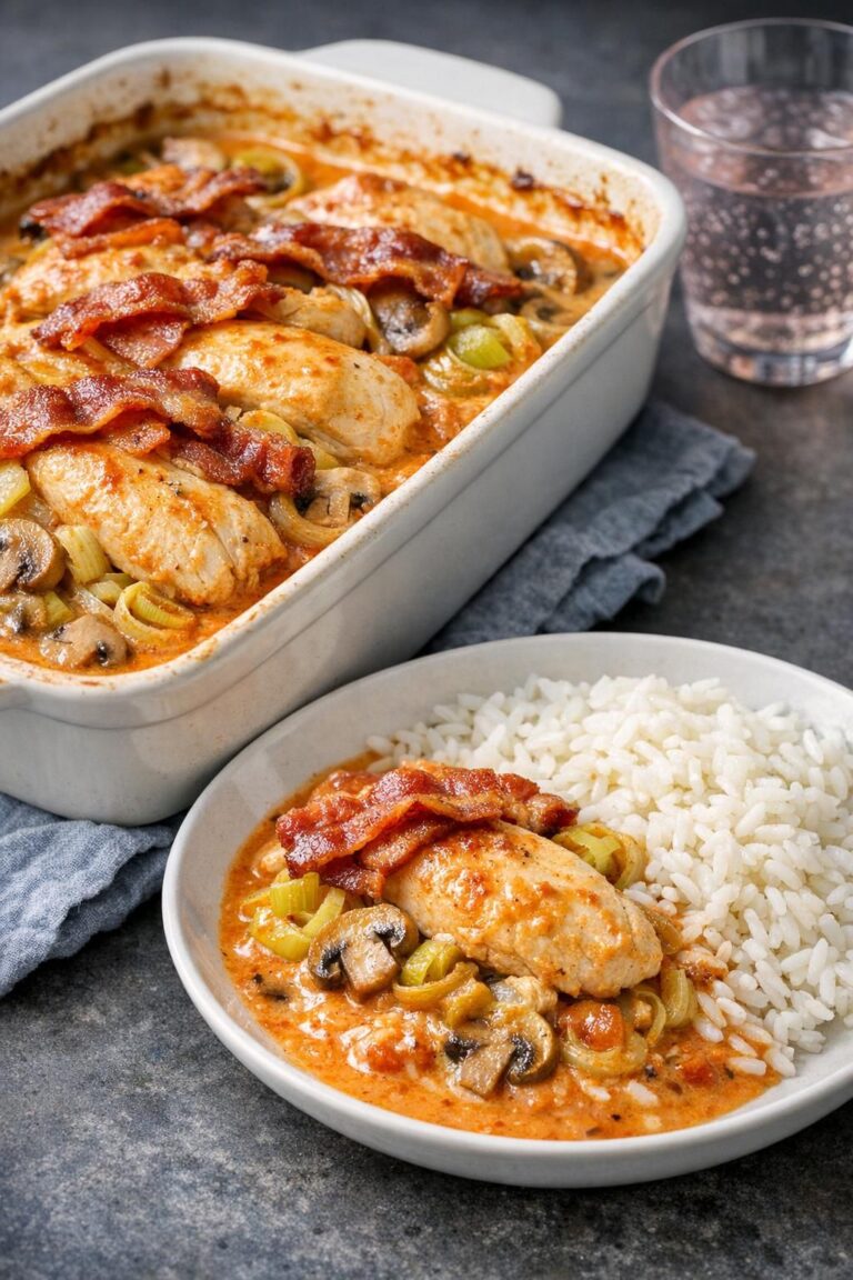 Mild chilikylling i fad med porrer, champignon og bacon i cremet tomat-chili-flødesauce, serveret med kogte ris