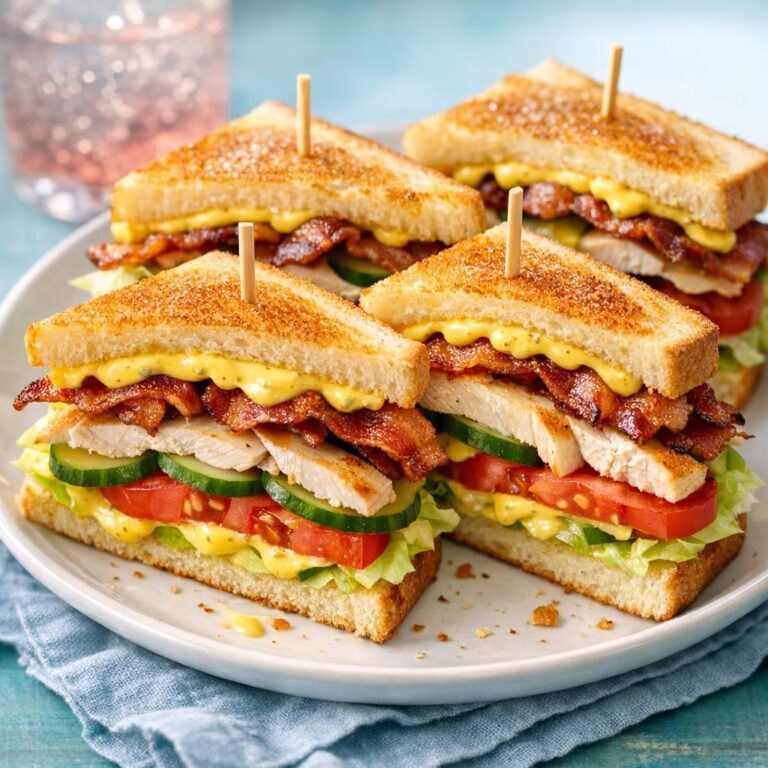 Club sandwich med karrydressing: ristet brød i lag med saftig kylling, sprød bacon, iceberg, tomat og agurk