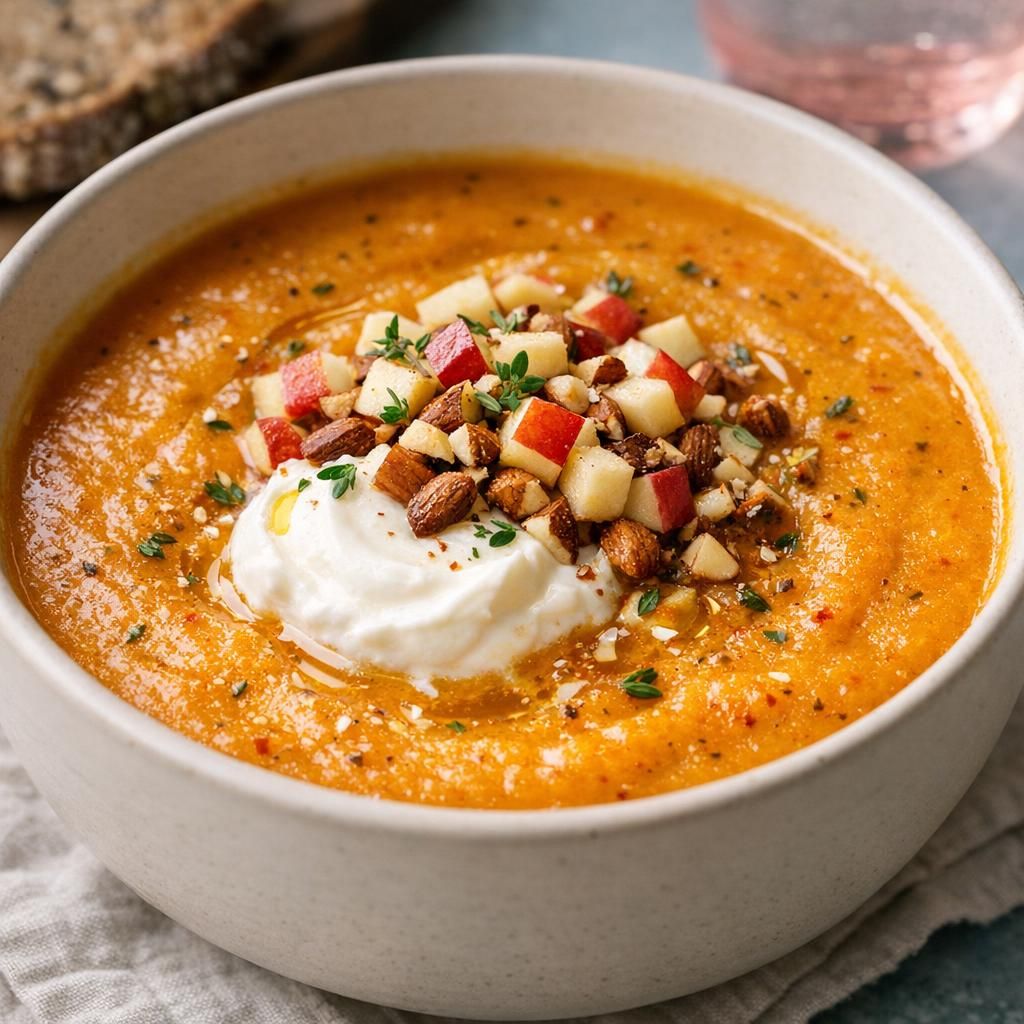 Cremet butternutsquash-suppe med ovnbagte grøntsager, æble og ristede mandler