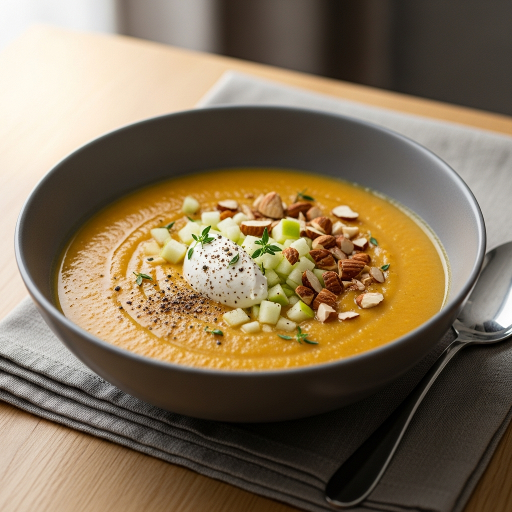 { "alt_text": "Cremet butternutsquash-suppe toppet med creme fraiche, æbletern, ristede mandler og timian i lysegrå keramikskål på lyst træbord", "file_name": "cremet-butternutsquash-suppe-med-ovnbagte-grontsager-aeble-og-ristede-mandler-4279" }