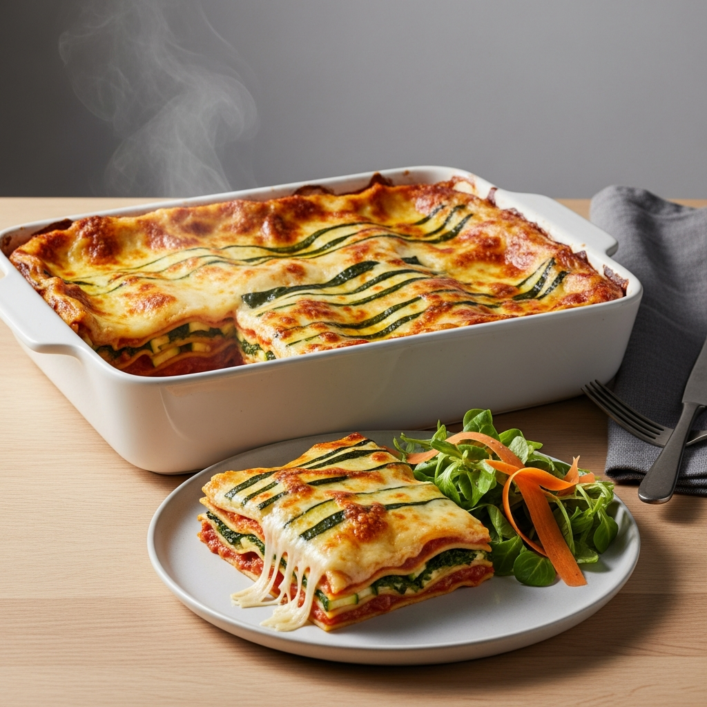 { "alt_text": "Cremet grøntsagslasagne med squash, spinat og tre slags ost i hvidt fad; et stykke skåret ud viser lagene, serveret med grøn salat ved siden af", "file_name": "cremet-grontsagslasagne-med-squash-spinat-og-tre-slags-ost-4387" }