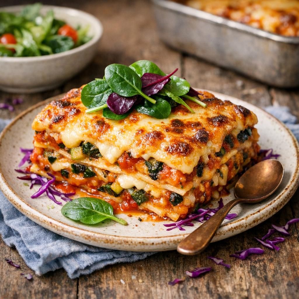 Cremet grøntsagslasagne med squash, spinat og tre slags ost