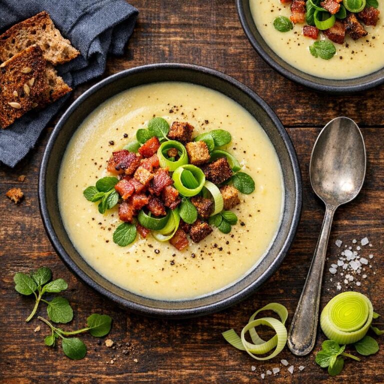 Cremet kartoffelsuppe med porrer i skål, toppet med sprød bacon, ristede rugbrødscroutoner og fine porreskiver