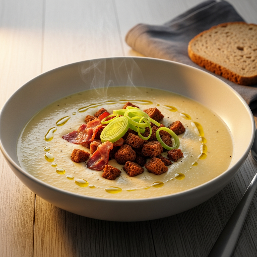 { "alt_text": "Cremet kartoffel-porresuppe i hvid tallerken med sprød bacon, ristede rugbrødscroutoner og tynde porreringe", "file_name": "cremet-kartoffelsuppe-med-porrer-sprod-bacon-og-ristede-rugbroedscroutoner-4837" }