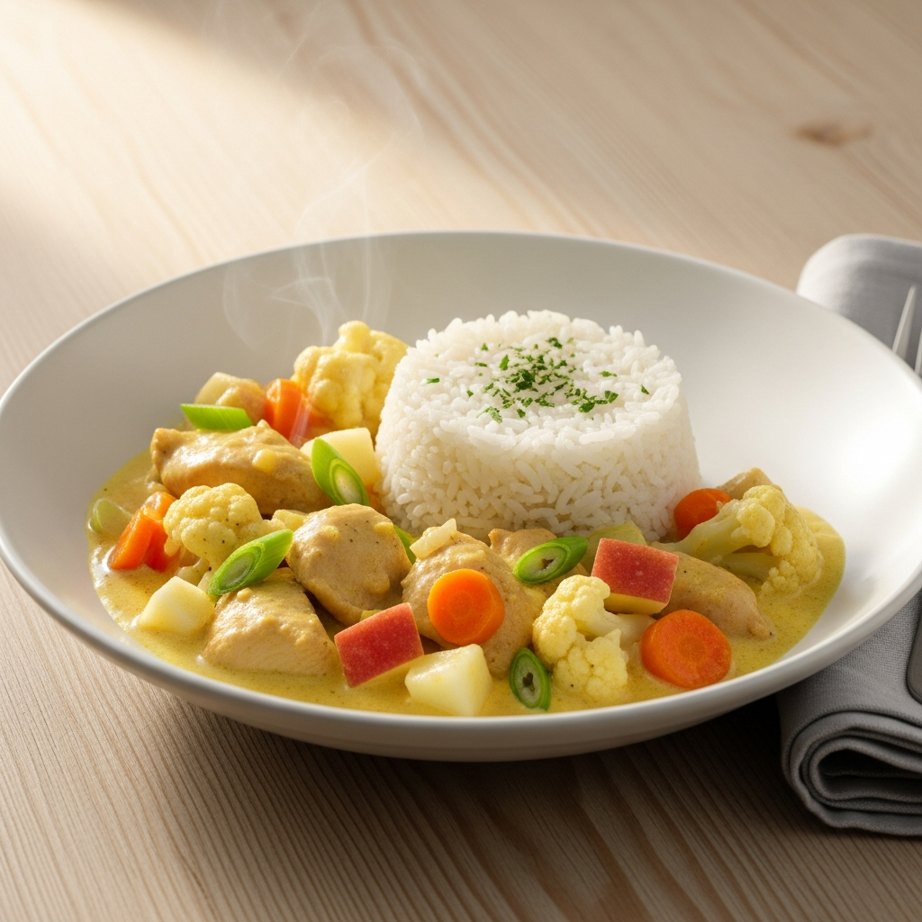 { "alt_text": "Cremet kylling i karry i gylden sauce med gulerod, forårsløg, blomkål og æbletern, serveret med jasminris på hvid tallerken", "file_name": "cremet-kylling-i-karry-med-aeble-groentsager-og-jasminris-4632" }