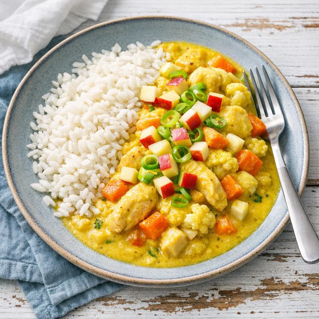 Cremet kylling i karry med æble, grøntsager og jasminris