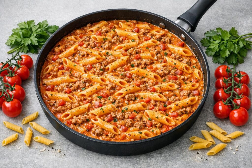 Cremet one-pot pasta med svinekød og bacon