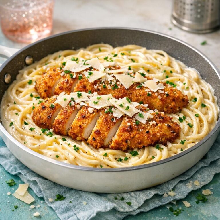 { "alt_text": "Cremet spaghetti i Alfredo-sauce toppet med sprøde skiver paneret kylling, let drys parmesan og persille i en bred pande", "file_name": "cremet-pasta-alfredo-med-sprod-paneret-kylling-4832" }