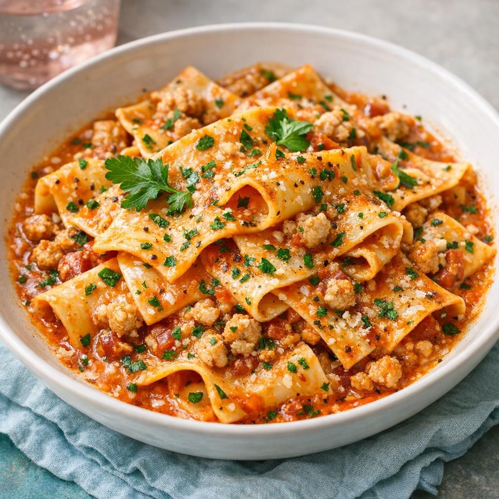 Cremet pasta med lasagneplader, kylling og tomatpesto