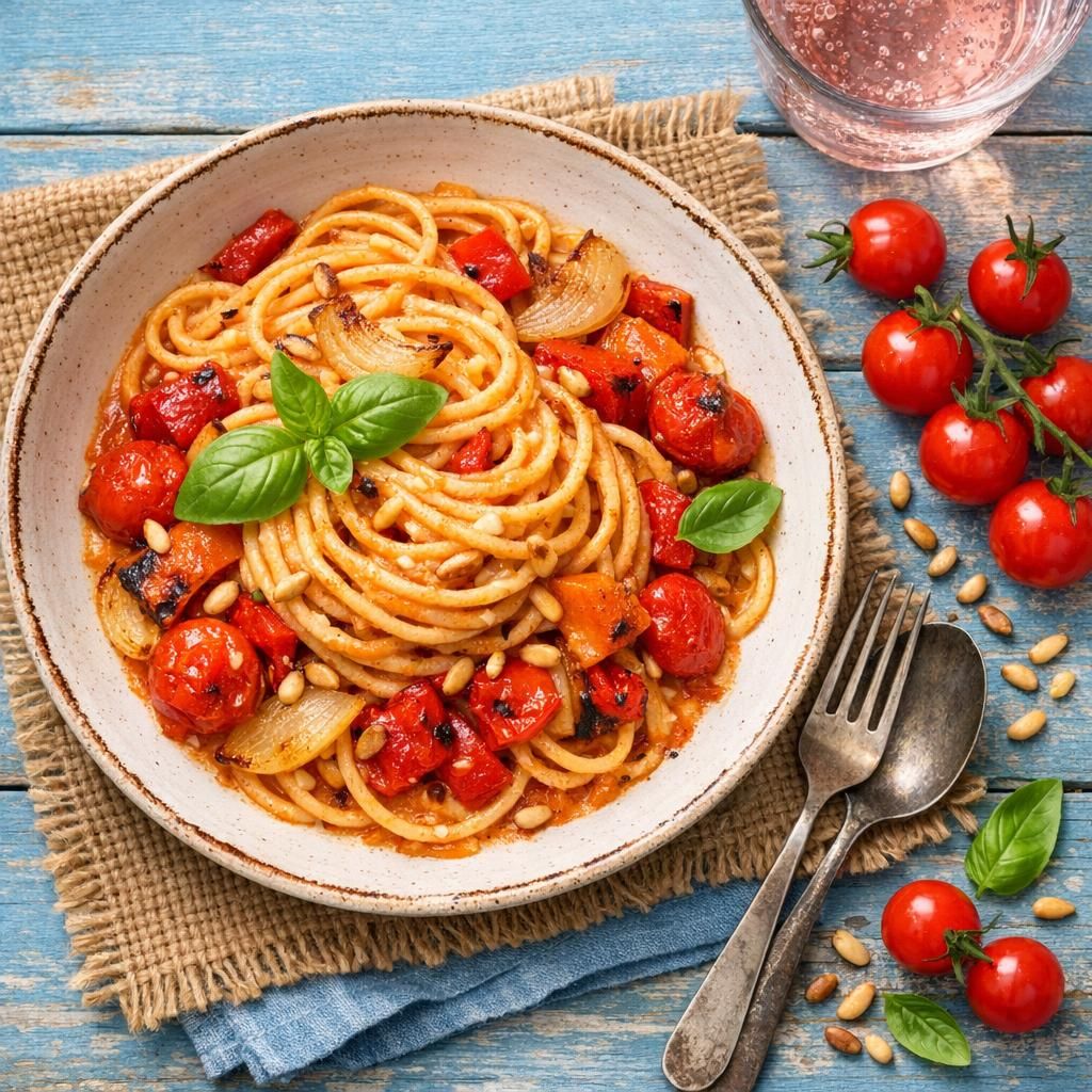Cremet pasta med ovnbagte tomater, rød peber og hytteost