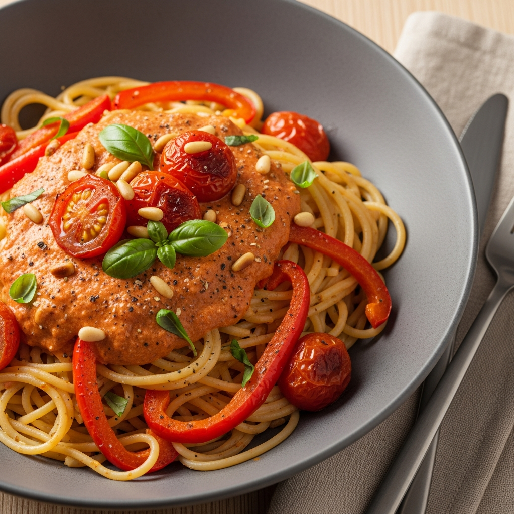 { "alt_text": "Cremet spaghetti med hytteost i tomat-pebersauce, ovnbagte tomater, rød peber, pinjekerner og basilikum", "file_name": "cremet-pasta-med-ovnbagte-tomater-rod-peber-og-hytteost-5873" }