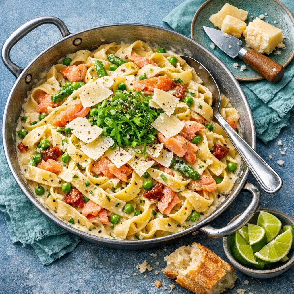 Cremet pasta med røget laks, citron og grønne asparges