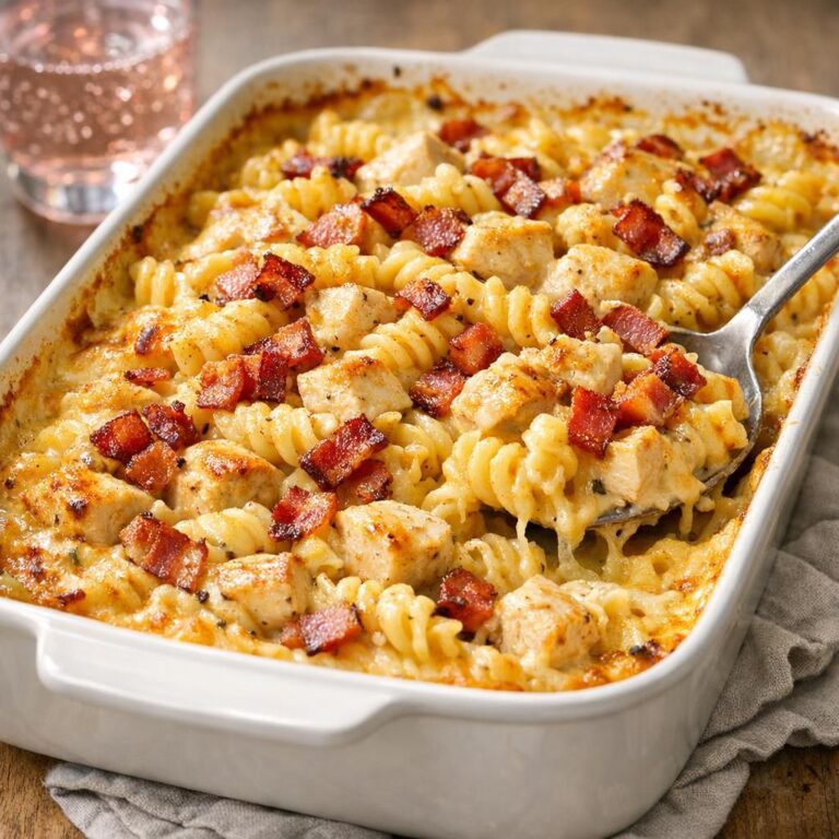 Bagt cremet pastaret med kylling, sprød bacon og ostesauce i ovnfast fad med gylden overflade