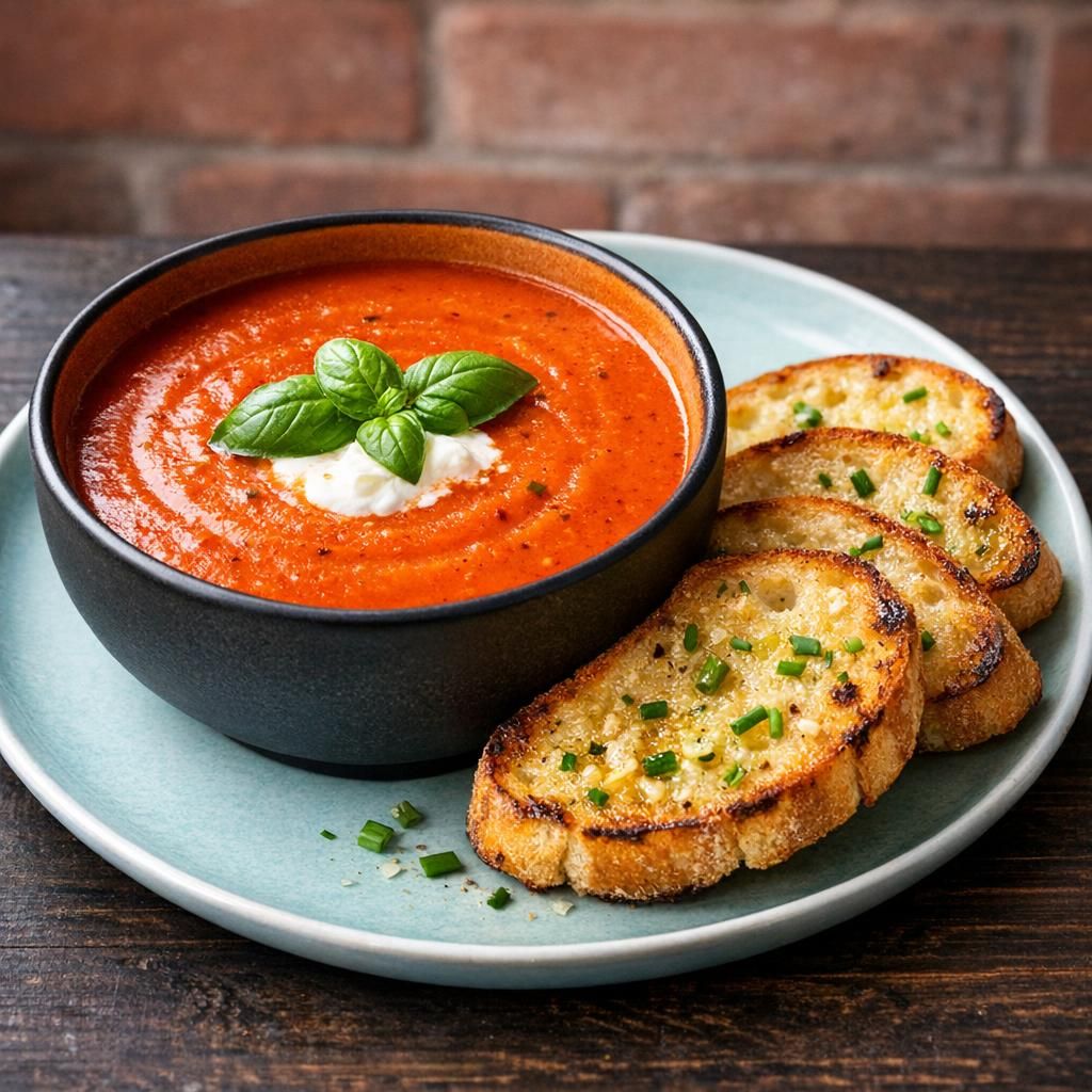 Cremet peberfrugtsuppe med sprødt hvidløgsbrød