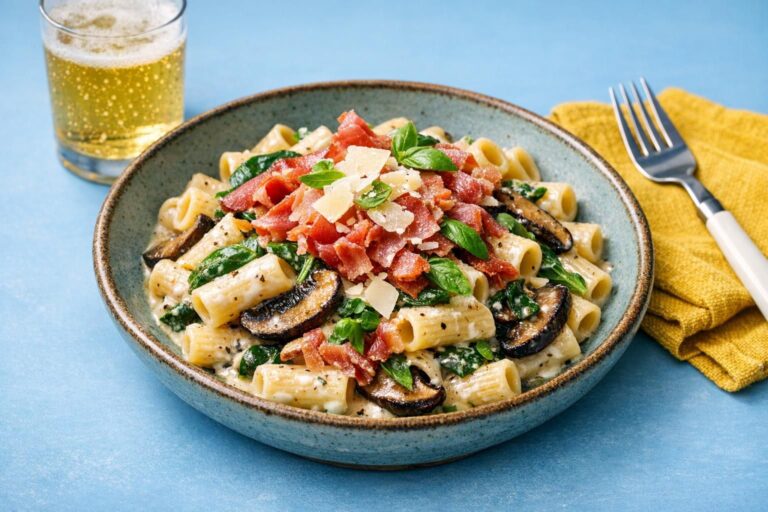 { "alt_text": "En hvid, lav pastaskål med cremet prosciuttopasta, stegte portobellosvampe, spinat, sprød prosciutto og frisk basilikum", "file_name": "cremet-prosciuttopasta-med-stegt-portobello-og-frisk-basilikum-4827" }