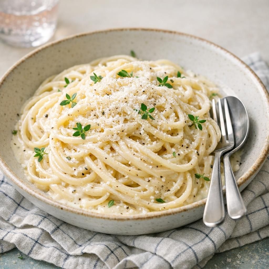 Cremet spaghetti Alfredo med parmesan