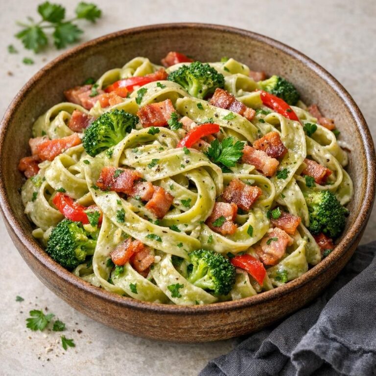 { "alt_text": "Cremet spinatpasta med sprøde bacontern, broccoli og rød peber i lys flødesauce, drysset med persille.", "file_name": "cremet-spinatpasta-med-bacon-og-grontsager-4827" }