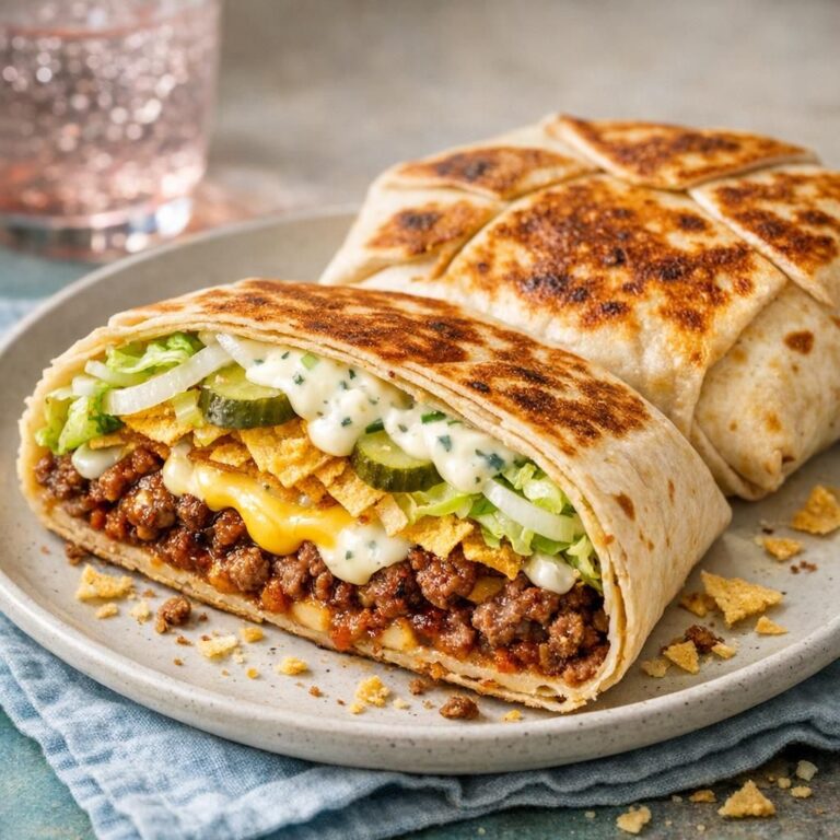 { "alt_text": "Gyldent stegt crunchwrap med bøf og bearnaisedressing, halveret så ost, oksekød, sprøde tortillachips, salat og løg ses på tallerken", "file_name": "crunchwraps-med-boef-og-bearnaisedressing-4827" }