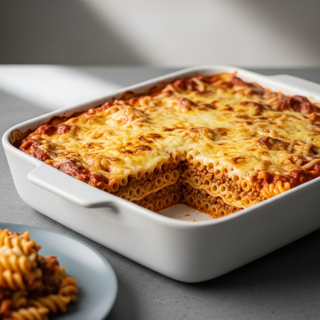 { "alt_text": "Close-up af Den klassiske Knorrs Lasagnette i hvidt fad med gylden, boblende ost og synlige lag af krydret kødsovs og pastaskruer", "file_name": "den-klassiske-knorrs-lasagnette-4827" }