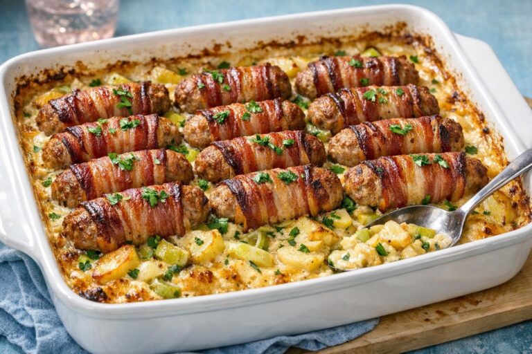 Baconviklede farsruller på cremet kartoffel-porrebund i fad med gylden flødesauce