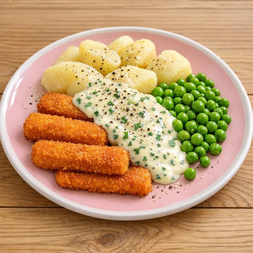 Fiskepinde med kartofler, persillesovs og ærter