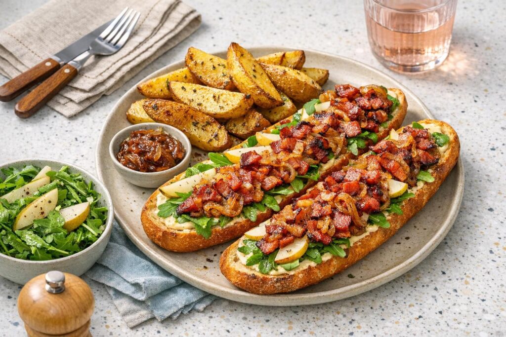 Fransk inspireret baconbaguette med sennepsmayo og karamelliserede løg