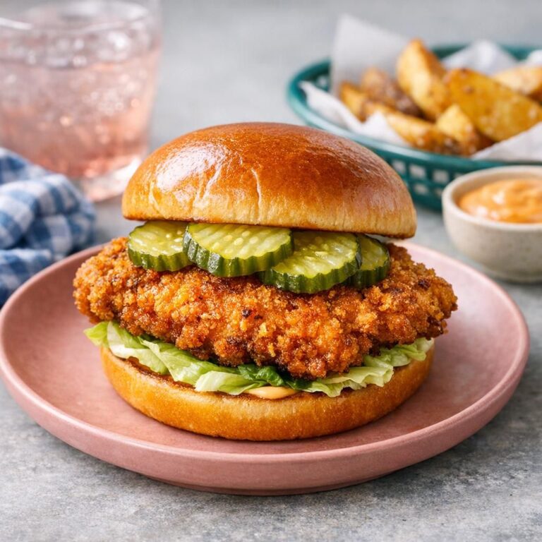 Fried chicken burger i briochebolle med sprød paneret kylling, chilimayo, cheddar og syltede agurker