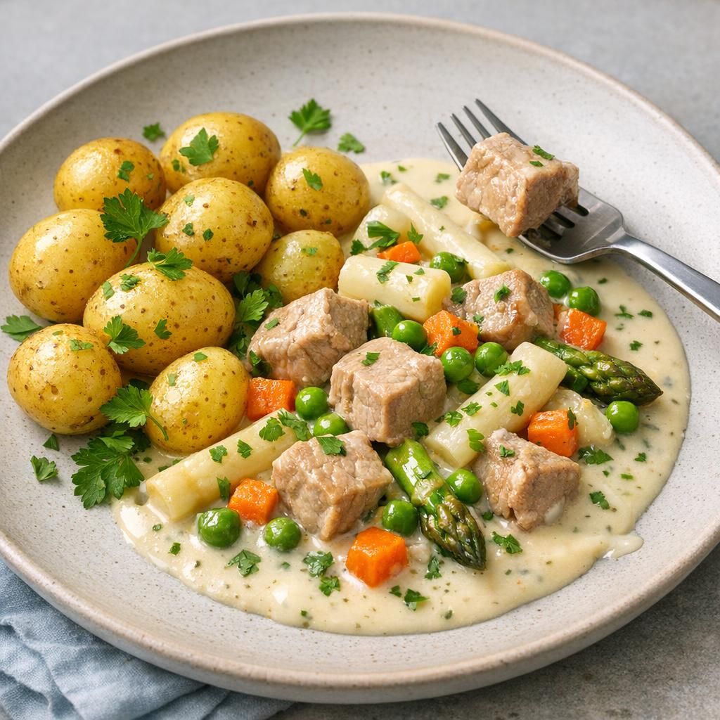 Frikassé med kalv, asparges og grøntsager